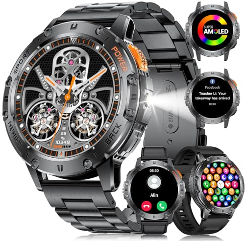 LIGE Military Smart Watch for Men with Flashlight,530mAH Outdoor Sport Fitness Tracker Watch,1.43 HD Smartwatch for Android iOS with Heart Rate Blood Pressure Monitor Black 3 Straps(EF5-Z)