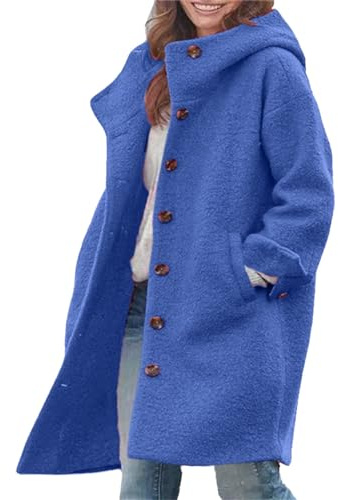 AMDOLE Manteau long d'hiver en laine épaisse avec col montant et capuche pour femme, bleu, S