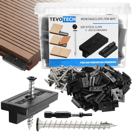 Lot de 100 clips WPC - Fixation cachée - En plastique - Pour lames de terrasse WPC - Avec vis pour le vissage des lames - 100 clips + vis