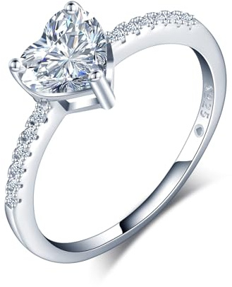 INFINIONLY Anillos diamantes de boda de mujer: anillo compromiso de plata 925 con moissanita - 1 quilate solitario corazón de color D claridad VVS1 certificado GRA - talla 13 circunferencia de 53mm
