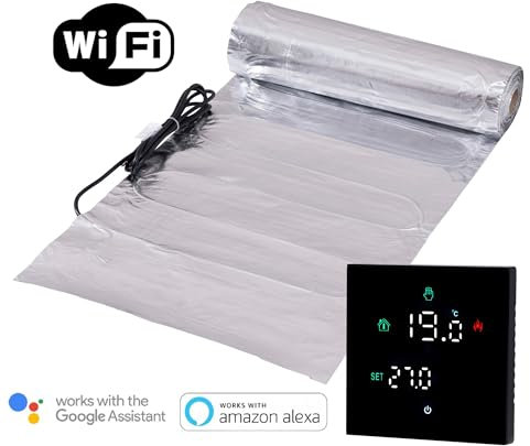 Set completo di pellicole per riscaldamento a pavimento elettrico, 150 Watt con termostato Wifi, 1,5 m², nero
