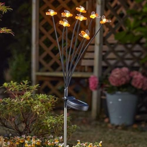 Garden Mile 8 Stem Bee Solar Lights Outdoor Waterproof Warm White LED Metal and PVC Pathway Lighting Flower Planter Decorations for Patio Gardens