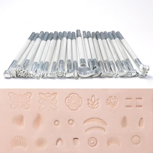 VIGTNG 20 Stück DIY Leder Prägestempel Set, Lederstempel für Ton, Metallstempel Set, Punziereisen, Blumenmuster, Schmetterlingsmuster, Blättermuster, Keramikbedarf, Lederhandwerk, Schnitzwerkzeuge