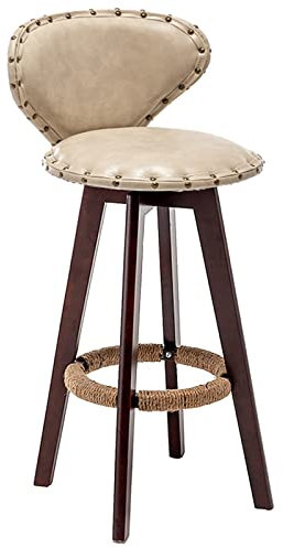 RNNYWDRQ Holzstuhl, Retro-Barhocker für Zuhause, Küche, Esszimmer, Drehhocker mit Rückenlehne aus Messingnägeln und Fußstütze aus Hanfseil (Größe: 60 cm, Farbe: Beige)