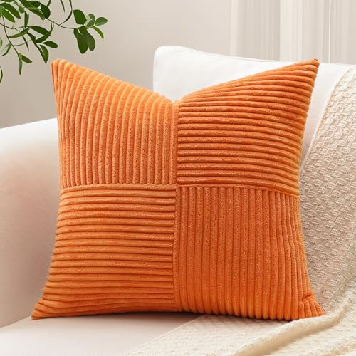 Sungeek 1 Pezzi Federe Cuscini 40x40 in Morbido Velluto a Coste, Fodere per Cuscini Decorativi con Motivo a Strisce e Patchwork Croce Copricuscini Cuscino per Divano Letto Soggiorno, Arancione