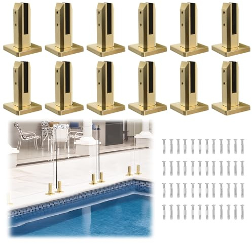 LukLoy Glass Railing Spigot 960g Heavy Duty 304 Stainless Steel Pool Fence Spigot Garden Balustrade Railing Handrail Balcony Stair Gold Clamp for 5/16-1/2 Glass (Pack of 12)