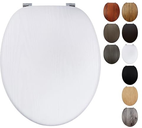 Fanmitrk Toilet Seat White Wooden, MDF Moulded Wood Toilet Seat with Adjustable Zinc Alloy Hinges with Bottom Fixings, Easy to Clean and Install (JH1205-02)