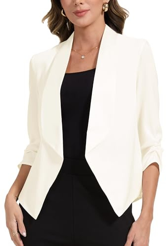 MISS MOLY Women Blazer Suit 3/4 Ruched Sleeve Jackets Business Casual Work Office Open Front Slim fit Lined Blazer Jacket Cardigans for Ladies Spring Beige