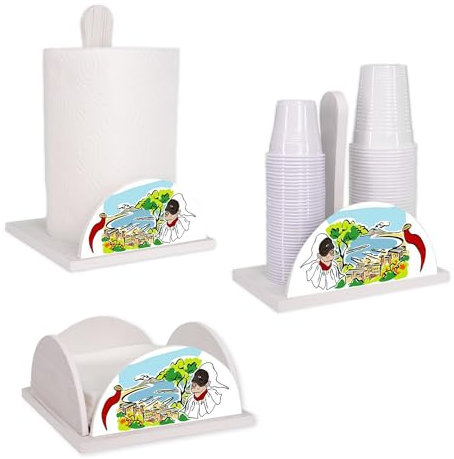 Lupia - Set 3 Pezzi Cucina in Legno White NAPOLI CARTOON Porta Tovaglioli, Porta Bicchieri, Porta Rotolo, Decorazione Elegante, Adatto a Stili Moderni e Classici