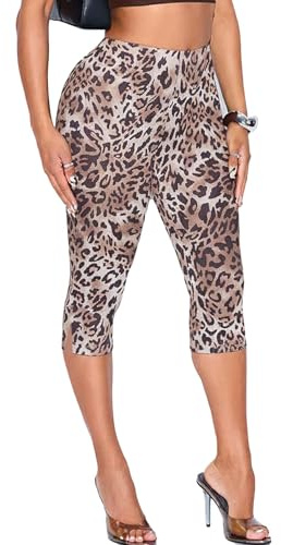 TZLDN Damen Capri Leggings 3/4 Leggings Leopard Knielang Leggins Leo Dreiviertel Hose Sexy Festival Techno Rave M