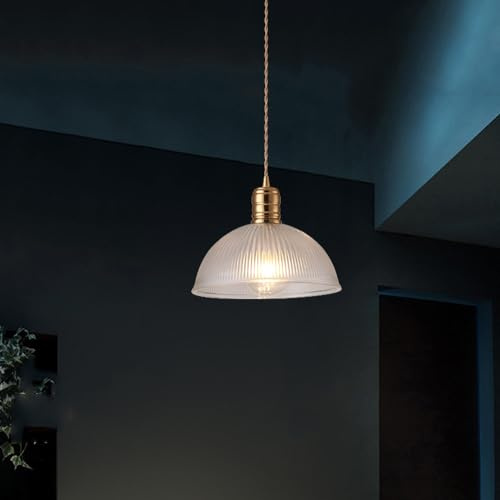 Large Hand-Blown Glass Dome Pendant Light - Nordic Modern Ribbed Ceiling Lamp, Gold Cone Chandelier for Dining Room, Kitchen, Bedroom, Restaurant - E27 Industrial Farmhouse Lighting