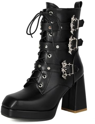 Alsoloveu Gothic Combat Boots for Women Platform Chunky Heel Goth Ankle Booties Punk Studded Buckle Straps Lace Up Motorcycle Shoes Size 13 US, Black Matte