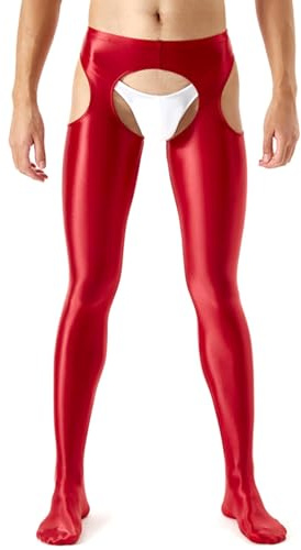 GENEMEN Collant Uomo Sexy Leggings Compressione Pantaloni Aperti al Cavallo Lucidi Glitterati Lingerie Aderente (Rosso, M)