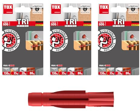 TOX Set Allzweckdübel TRI 10 x 61 mm, zuverlässige Befestigung in fast allen Baustoffen, Vor- und Durchsteckmontage, Dübel verknotet oder spreizt automatisch, 3x 6 Stück im Blister