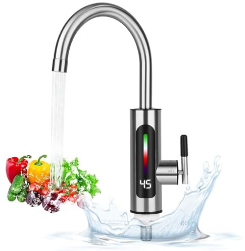 Hot Water Tap 220V 3KW, Electric Water Tap Kitchen/Bathroom Sink Faucet, 360° Rotatable Instant Hot Water Faucet Tankless with LED Digital Display 30-45℃, Energy Saving & Safe Protection