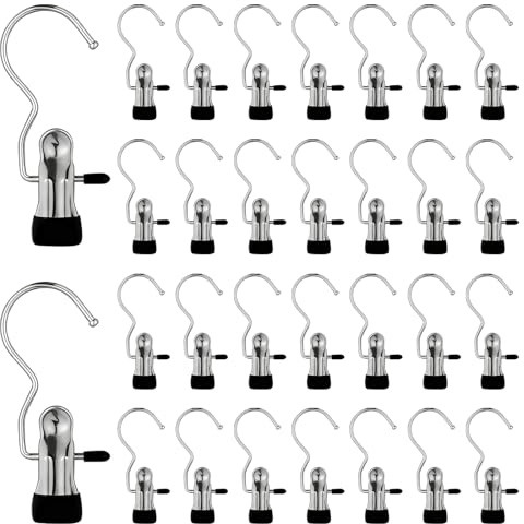30 Pcs Portable Laundry Hook Hanger Clips, Stainless Steel Clothes Pegs | Metal, No-slip Coat Hanger with Clips for Towels Socks Clothes Boots Hangers Home Travel