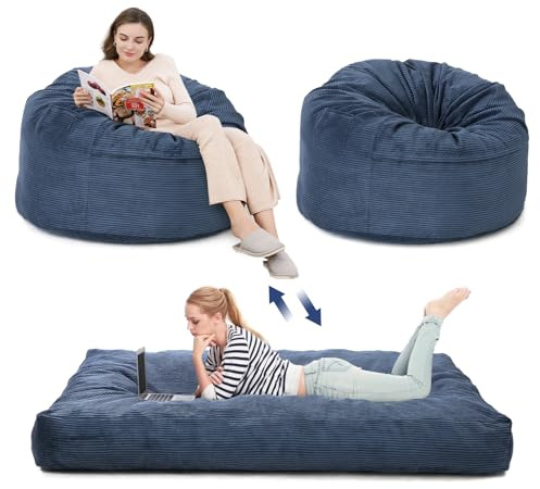 Sitzsack-Bett 200x150x25 cm, Umwandelbar Von XXL Sitzsack-Sessel Zu Bett, Mit Waschbarem Cordbezug, Komfortabler Schaumstoff-Füllung & Seitentasche, Für Wohnzimmer Schlafzimmer Gaming, Navy Blau