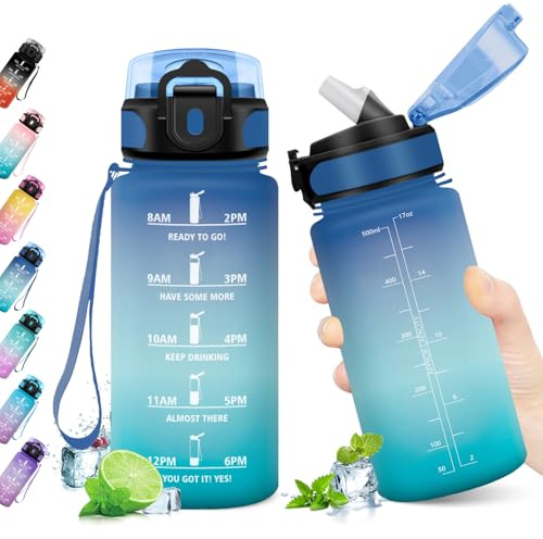 JAPORIA Botella Agua 500ml, Cantimplora con Pajita, a Prueba de Fugas, Fácil de Limpiar, Cantimplora Motivadora con Marca de Tiempo, Botella Agua para la Escuela, Bicicleta, Correr, Senderismo