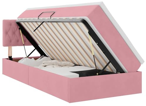 Mhdvray Samt Stauraumbett Rosa 100x200 cm Modernes Einzelbett mit integriertem Bettkasten hydraulischem Lift kompaktes Jugendzimmer Schlafsofa Design für Wohnung Gästezimmer