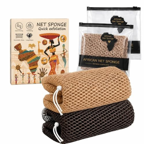 NARYVORA 2 stycken Afrikansk skrubbsvamp, afrikansk nätsvamp | Hög elasticitet töjbar 120 cm, tar bort död hud, snabbtorkande, nylon, djuprengöring, maskintvättbar