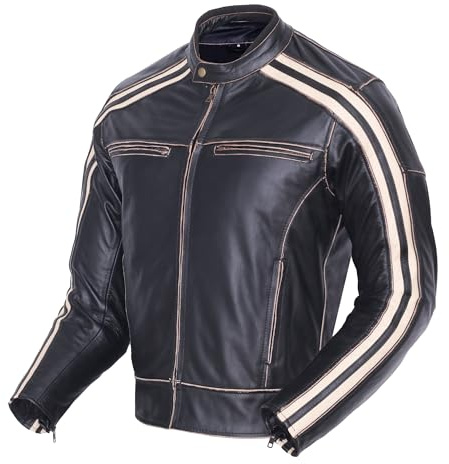 Retro Schwarz Cafe Racer die Bonnie 100% Bovine Leder Motorrad-Jacke CE Armoured – Elfenbein Streifen Gr. S, Schwarz - Schwarz