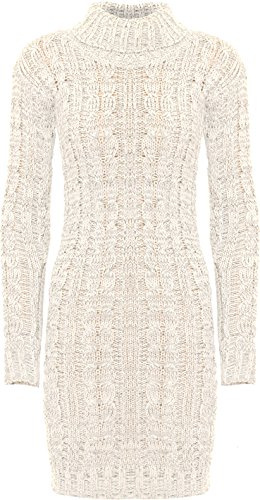 WearAll Women's Cable Knitted Dress Ladies Polo Turtle Neck Long Sleeve Bodycon Stretch - Cream - 8-10