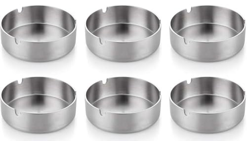 GrecoShop Posacenere Portacenere da Tavolo Antivento Rotondi Ø 8cm in Acciaio Inossidabile per Bar, Ristoranti, Hotel, Uffici, Giardini, Balconi, Camere uso Interno ed Esterno (Confezione da 6 pz)