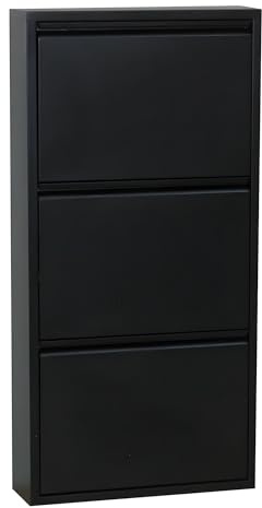 Dynamic24 Pisa 3 Klappen schwarz – Schuhschrank – B50 x H106 x T16 cm – Metall pulverlackiert – Klappbar/faltbar – modern – für Flur & Eingangsbereich – ideal für schmale Flure