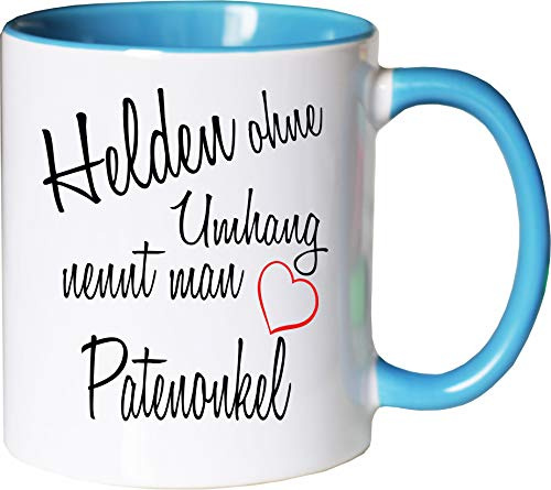 Mister Merchandise Kaffeebecher Tasse Helden ohne Umhang nennt man Patenonkel Schwanger Baby Geburt Pate Bruder Freund Teetasse Becher Weiß-Hellblau