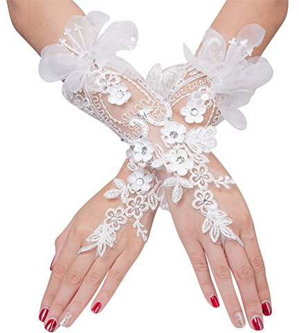Gants Mariage Gant Déguisement Femme Mitaines Court Exquis Gants en Dentelle avec Lacet Accessoires Robe Manches Mariée Pour Soirée Partie Banquet Performance Cérémonie Halloween,Blanc C,Taille unique
