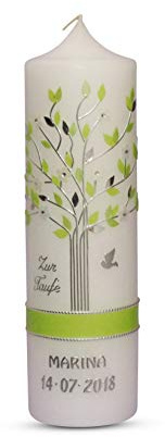 Taufkerze Lebensbaum Mädchen, Junge Taufe, Kommunionkerze, Taufkerze Grün, Baum, modern, individuell, Taufgeschenke kostenlose Beschriftung 25x7cm Kerze zur Taufe
