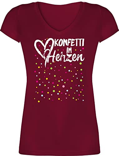T-Shirt Damen V Ausschnitt - & Fasching - Konfetti im Herzen Karneval I - M - Bordeauxrot - karnevalsshirt faschingsshirt Faschings Herz Shirts karnevalsshirts Faschings-t-Shirt Karnevals Confetti