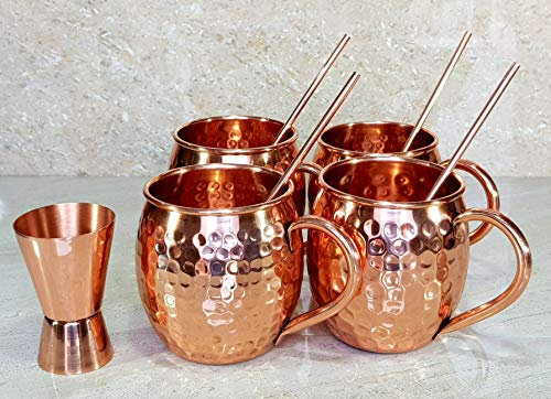ESPLANADE Moscow Mule Cocktail Koppar Muggar - Set med 4 Muggar, 4 kopparsugrör och en pinnmätare (Moskva Mules Hamrad med handtag)