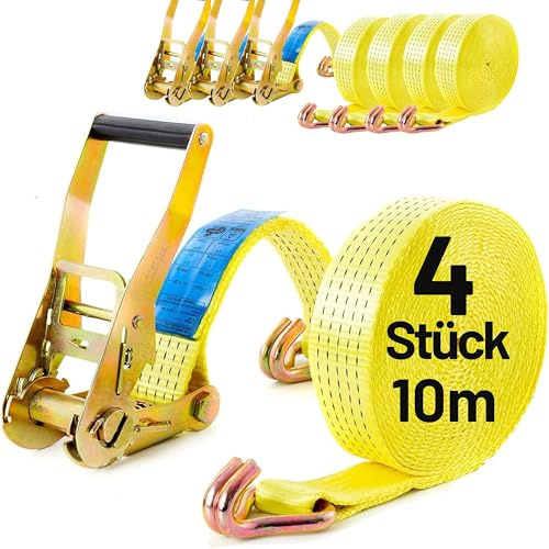 4X Spanngurt mit Ratsche + Haken 10 m bis 10000 kg / 10,0 t / 10000 daN, TÜV/GS geprüft zweiteilig 2-TLG Ratschengurt gelb, 75 mm Gurtbreite Zurrgurt