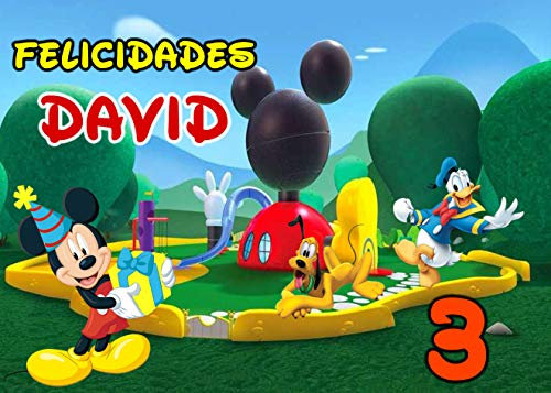 OBLEA de CASA DE RATON MICK MOUSE personalizada con nombre y edad para pastel o Tarta, especial para cumpleaños, Medida rectangular de 28x20cm