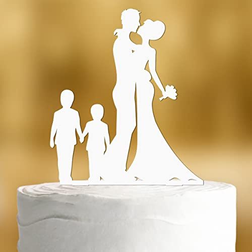 Cake Topper Brautpaar mit Kindern Jungen [großer Junge, kleiner Junge] - Acryl deko weiss Hochzeitstorte deko Kuchendeko Hochzeit Tortendekoration Verlobung Tortendeko
