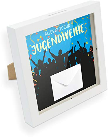 itenga Bilderrahmen Spardose – Geldgeschenk Rahmen mit Schlitz – Sparrahmen mit Umschlag – kreative Geschenkidee für Verschiedene Anlässe 20x20cm (Motiv Jugendweihe)