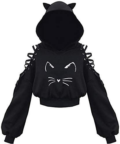 EUDOLAH Felpa Corta Leggera da Donna Ragazza con Cappuccio a Orecchi di Gatto e Spalle Scoperte e Nastri(XXL,Faccia di Gatto)