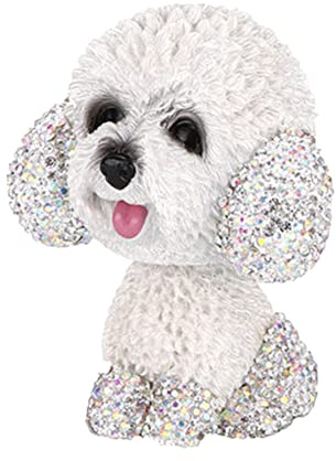 ihreesy Car Dashboard Ornament, Cute Bling Bling Rhinestones Miniature Dog Figurines Puppy Shaking Head Dashboard Decoration for Car Desktop Table,White