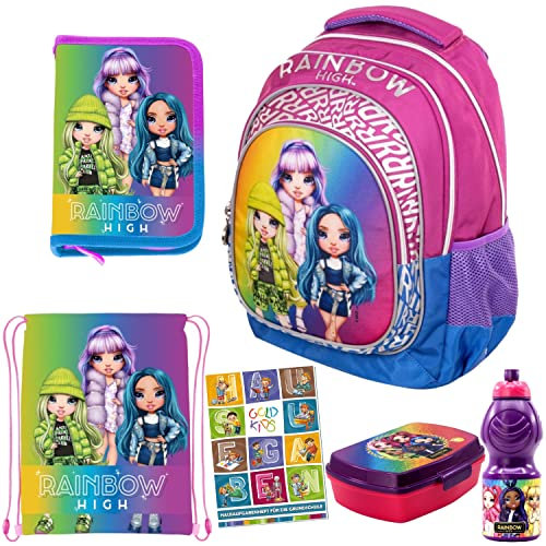 Goldkids 6er Set Schulrucksack Rucksack Federmappe Turnbeutel Brotdose Trinkflasche Aufgabenheft Rainbow High Motiv geeignet ab der ersten Klasse der Grundschule