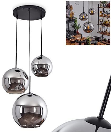 HOFSTEIN Hängeleuchte Koyoto, 3-flammige Hängelampe aus Metall/Glas in Schwarz/Chrom-/Rauchfarben, Pendelleuchte im Retro/Vintage-Design, Ø Schirme 20; 25; 30 cm, E27, Esszimmer, Küche, Wohnzimmer