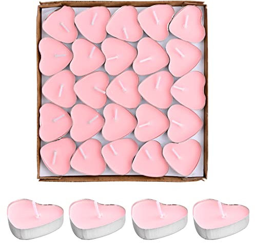 NATUCE 50Pcs Candele da tè a Forma di Cuore, Lumini senza profumo, Candele Tealight Bianco per Festa di compleanno di Natale,Ø 38 mm