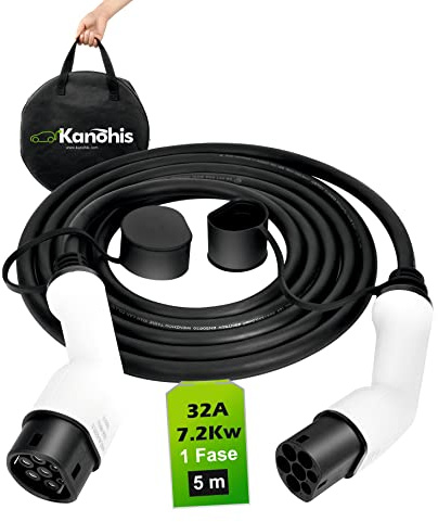 Kanohis EV Cable de Carga Tipo 2 a Tipo 2 de 5M Cable de Carga Rápida para Vehículos Eléctricos PHEV e Hibridos Cable de Carga de Coche con Bolsa Gratis (7Kw 32A 1Fase)