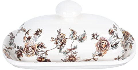 COERSD Mantequera De Cerámica, Mantequera con Tapa, Mantequera Clásica para 150 G De Mantequilla, Mantequera Decorativa, Mantequera, Diseño De Pájaros Y Flores, Plato para Servir-White