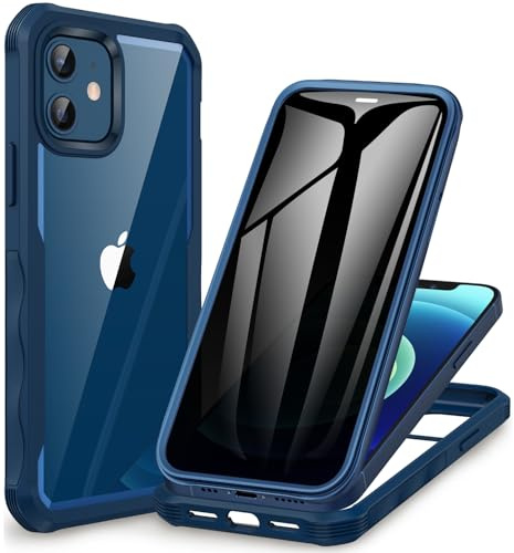 CENHUFO Sichtschutz Hülle für iPhone 12/iPhone 12 Pro, 360 Grad Handyhülle Schutzhülle mit Eingebautem Privacy Panzerglas Displayschutz Stoßfest Panzerhülle Anti Spy Full Cover komplett Case -Blau