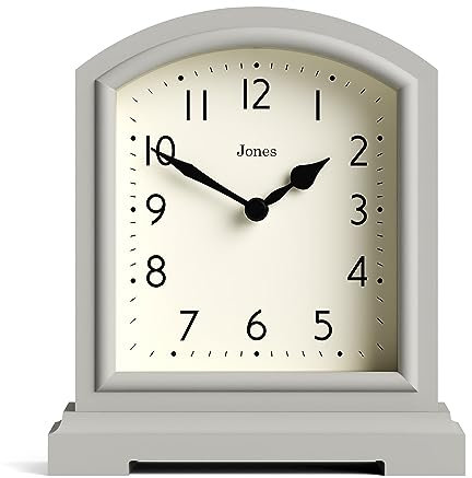 Jones Clocks® Tavern mantel clock | Modern arch top design | Pale grey | Contemporary classic style for desk, table, shelf or bedside