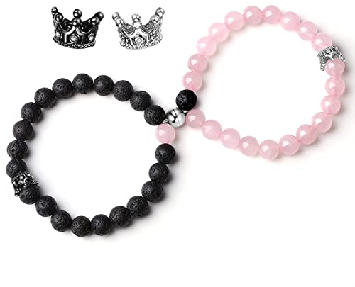 XIANNVXI 2Pcs Partnerarmbänder Paar Armbänder Partner Pärchen Armband Matching Couple Bracelets Naturstein Stretch Armband Valentinstag Geschenke für Frauen Männer（Lava Rock & Rosenquarz）