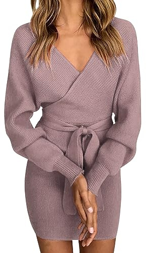 heekpek Strickkleid Damen Winter Minikleid Strick Sexy V-Ausschnitt Warm Langarm Minikleid Eng Strick Tunika Stretch Bequem Strickkleider Damen mit Gürtel