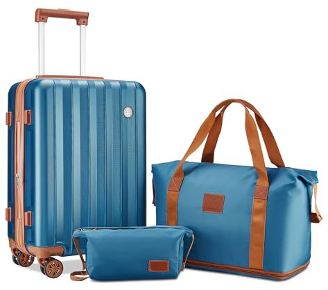 Joyway Koffer Trolley Reisekoffer Koffer, Hartschale Handgepäck mit Getränkehalter 4 Rollen TSA-Schloss Der Kofferset, Blau Braun