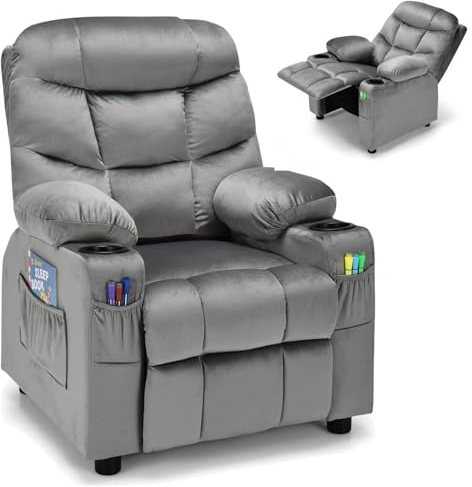 Maxmass Kids Sofa Chair, Mini Children Armchair with Adjustable Backrest & Footrest, Storage Pockets, Double Cup Holder, Padded Headrest & Armrest, Toddlers Recliner Chair for Boys Girls (Grey)